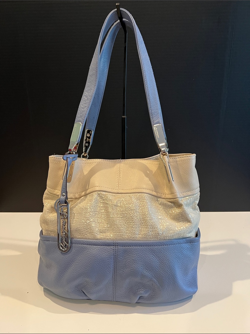 b. makowsky Two-Tone Cream and Light Blue Leather Shoulder Bag